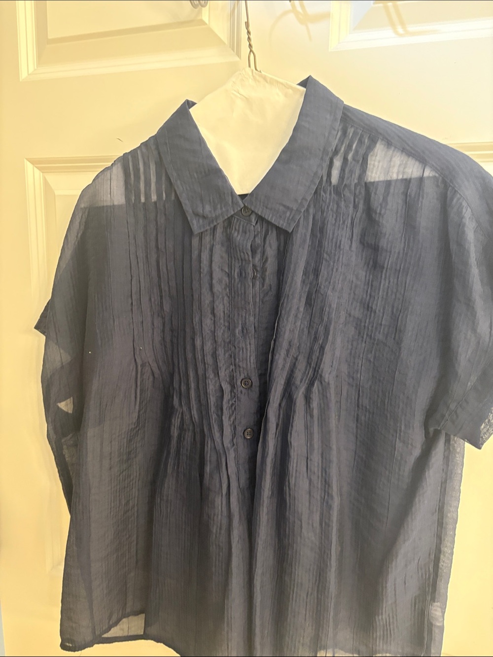 Wonderly Navy Short-Sleeve Pintuck Button Blouse